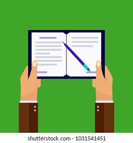 Hands holding a notebook with a pen. Vector illustration.