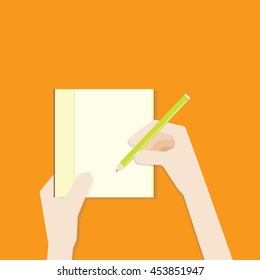 hands holding notebook and pencil , flat design