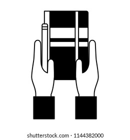 hands holding notebook pencil supply