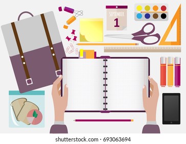 Hands holding a notebook,  school object and college education items around. Violet colors. Back to school flat style. Workplace for student. 