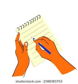 Hands holding notebook and writing with a pen Top view Vector illustration symbolizing creativity, note taking, and planning. for education materials, productivity concepts, business presentations