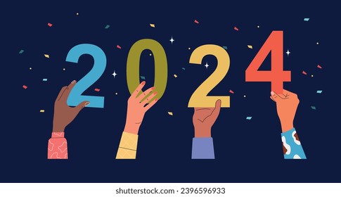 Hands holding numbers. 2024 concept. Flat style cartoon vector illustration. 