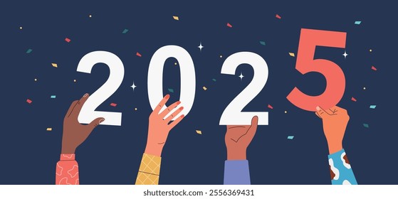 Hands holding numbers. 2025 concept. Flat style cartoon vector illustration. 