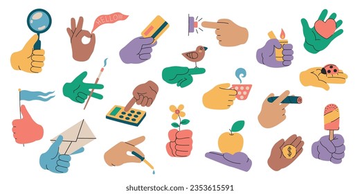 Manos sujetando objetos. El brazo humano con varias cosas, la mano de caricatura mostrando gesto y usando herramientas y objetos de caricatura diarios. Conjunto de vectores. Cargando manzana, flor, pagando con tarjeta de crédito, fumando