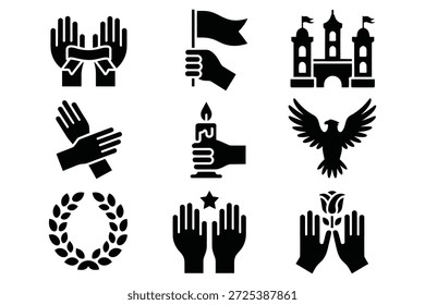 Hands holding objects and symbols flag castle