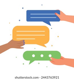 Hands holding online chat, speech bubbles design. concept of communication with social media.