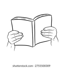 Hands holding open blank book in line art style. Minimal black and white illustration representing reading, writing, education, and copy space concept isolated on light background.
