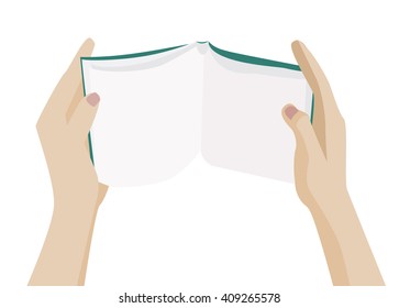 Hands holding open blank book. Top view. Vector illustration.