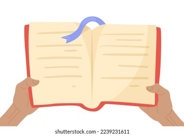 Manos con libro abierto con ilustración de marcador vectorial. Dibujo de caricatura de una persona o estudiante con un libro de texto o manual aislado en el fondo blanco. Información, literatura, concepto educativo