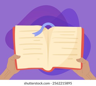 Hands holding open book with bookmark vector illustration. Cartoon drawing of person or student with textbook or manual on purple background. Information, literature, education concept