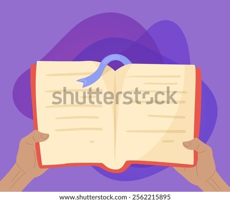 Hands holding open book with bookmark vector illustration. Cartoon drawing of person or student with textbook or manual on purple background. Information, literature, education concept