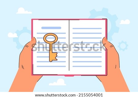 Hands holding open book, diary or notebook with key inside. Metaphor for privacy or reading as key to knowledge flat vector illustration. Education, security concept for banner or landing web page