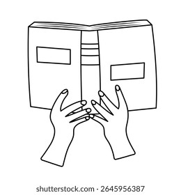 Hands holding open book. Doodle line vector illustration.