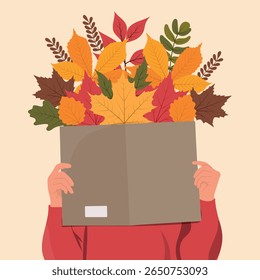 Hands holding open book with folige. Front view. Book lover concept. Vector illustration