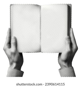 hands holding open book isolated on white background retro grunge halftone dotted texture vintage magazine style reading vector cutout collage element for mixed media design