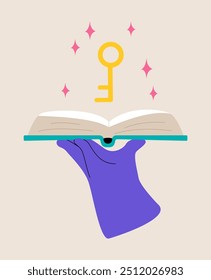 Hands holding open book with magic golden key. Colorful vector illustration
