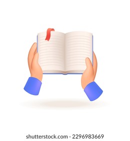 Hands holding open book or notebook for studying 3D illustration. Cartoon drawing of hands of student with textbook in 3D style on white background. Education, literature, wisdom concept