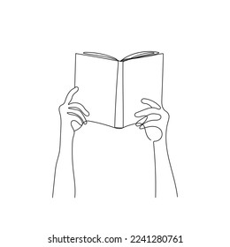 Hands holding open book in one line drawing style. Reading, education concept. Hand drawn vector Illustration.