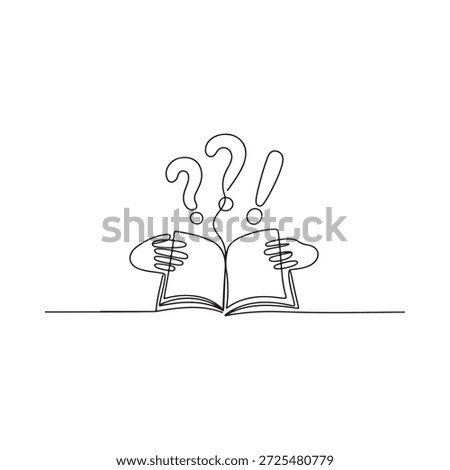 Hands holding an open book with question marks and an exclamation point