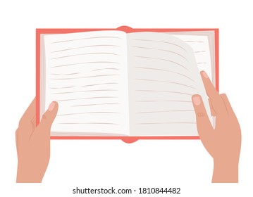 Hands holding open book for read. Vector illustration.