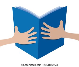 Hands holding an open book. Read a novel, study. Cartoon style. Abstract illustration, vector pattern