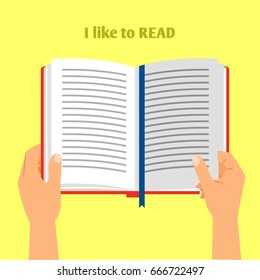 Hands holding open book for read. Hand book reading vector illustration