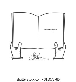 hands holding open book, simple illustration, hand drawn, isolated on white background