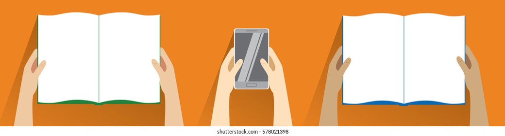 Hands holding open book and smartphone. Top view. Flat design modern vector illustration isolated on orange background. Reading concept