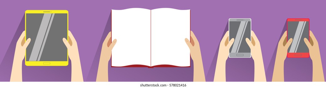 Hands holding open book, smartphones and tablet computer. Top view. Flat design modern vector illustration isolated on violet background. Reading concept