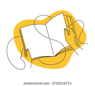 Hands holding an open book symbolizing education, learning, reading, and knowledge development. Minimal continuous line artwork used for educational content, publishing, training, and intellectual