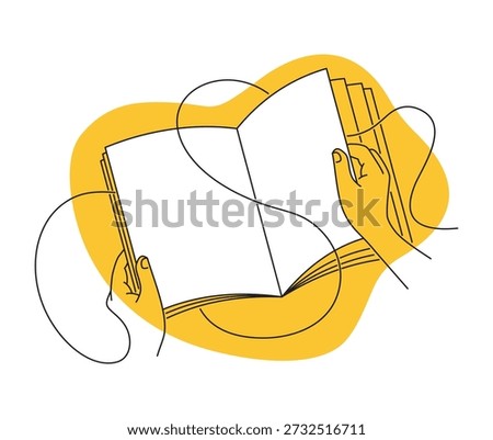 Hands holding an open book symbolizing education, learning, reading, and knowledge development. Minimal continuous line artwork used for educational content, publishing, training, and intellectual