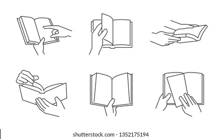 Hands Holding Open Book, Turning Page Icons. Vector Editable Line.