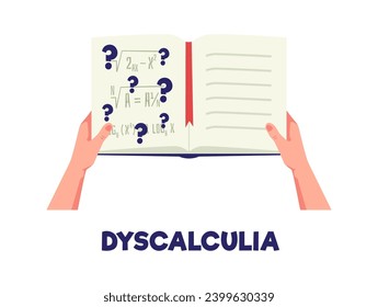 Hands holding an open book, vector illustration isolated on white background, drawn in simple flat cartoon style. Design concept about education, learning difficulties and dyscalculia