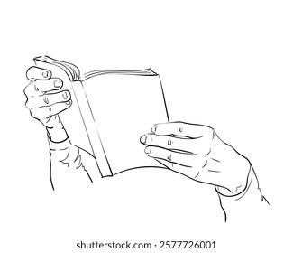 Hands holding open book vector sketch, Hand drawn isolated illustration of paper book in hands