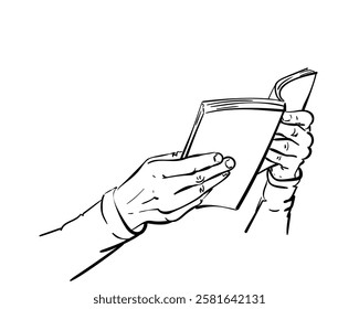 Hands holding open book vector sketch, Hand drawn illustration of paper book in hands