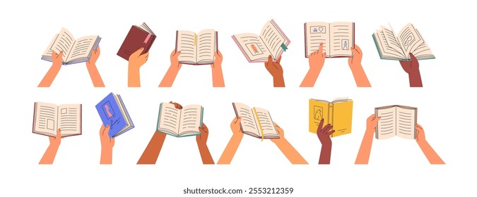 Mãos segurando livros abertos, conjunto. Lendo, olhando através de páginas de papel. Aprender, estudar literatura para conhecimento, informação, educação. Ilustração de vetor plano isolada no plano de fundo branco