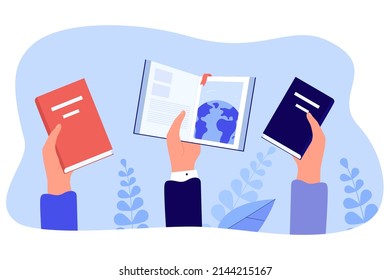 Hands holding open and closed books. People doing research or searching for solution, learning as key to wisdom, flat vector illustration. Literature, knowledge, education, motivation concept