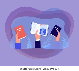 Hands holding open and closed books. People doing research or searching for solution, learning as key to wisdom,  flat vector illustration. Literature, knowledge, education, motivation concept