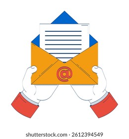 Hands holding open email envelope with document doodle cartoon illustration. Digital correspondence and communication mail 2D vector drawing isolated on white background. Editable hand-drawn clipart