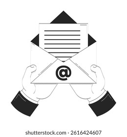 Hands holding open email envelope with document doodle outline illustration. Digital correspondence and communication mail 2D vector drawing sketch isolated on white. Monochrome clip-art handdrawn