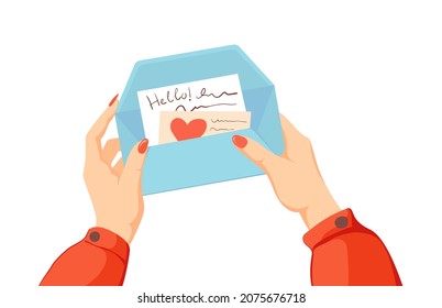 Hands holding open envelope. Writing letters mail with heart, send letter or message on mail, cartoon vector illustration isolated on white background