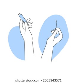 Hands holding open mascara plastic tube and brush for applying product to eyelashes vector illustration