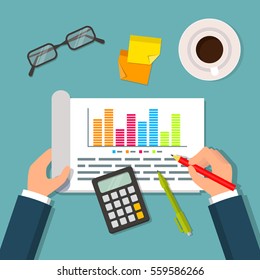 Hands holding open notebook with business plan data, charts and graphs. Business planning table with top view of office supplies, glasses, calculator and cup. Flat style EPS10 vector illustration.