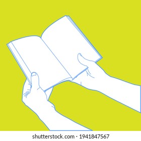 Manos con cuaderno o revista abiertos, lectura, vector