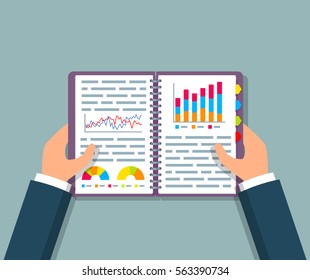 Hands holding open spiral notebook with marketing data, graphs, charts and diagrams. EPS10 vector illustration in flat style.