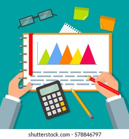 Hands holding open spiral notebook with business plan data and graphs. Business planning table with top view of office supplies, glasses and calculator. Flat style EPS10 vector illustration.