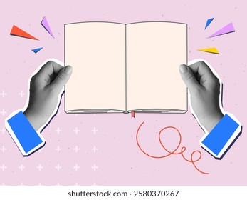 Hands holding a opened blank book or notebook. Modern collage style. Vector illustration