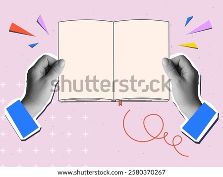 Hands holding a opened blank book or notebook. Modern collage style. Vector illustration