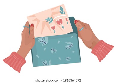 Hands holding an opened envelope. Top-down view. Summer postcard. Trendy hand-drawn vector  illustration.