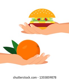 Hands Holding Orange and Burger Flat Illustration. Juicy, Fresh Fruit and Delicious Hamburger. Barter, Exchange, Trade Isolated Design element. Harmful Junk food, Fast food or Vitamin Diet Choice